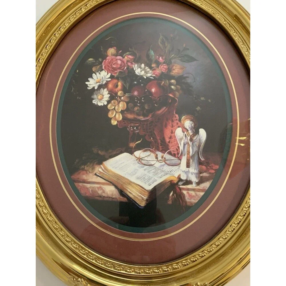Vtg. Home Interiors Syroco style Floral Frame Bible Verse Angel Print Gold Frame